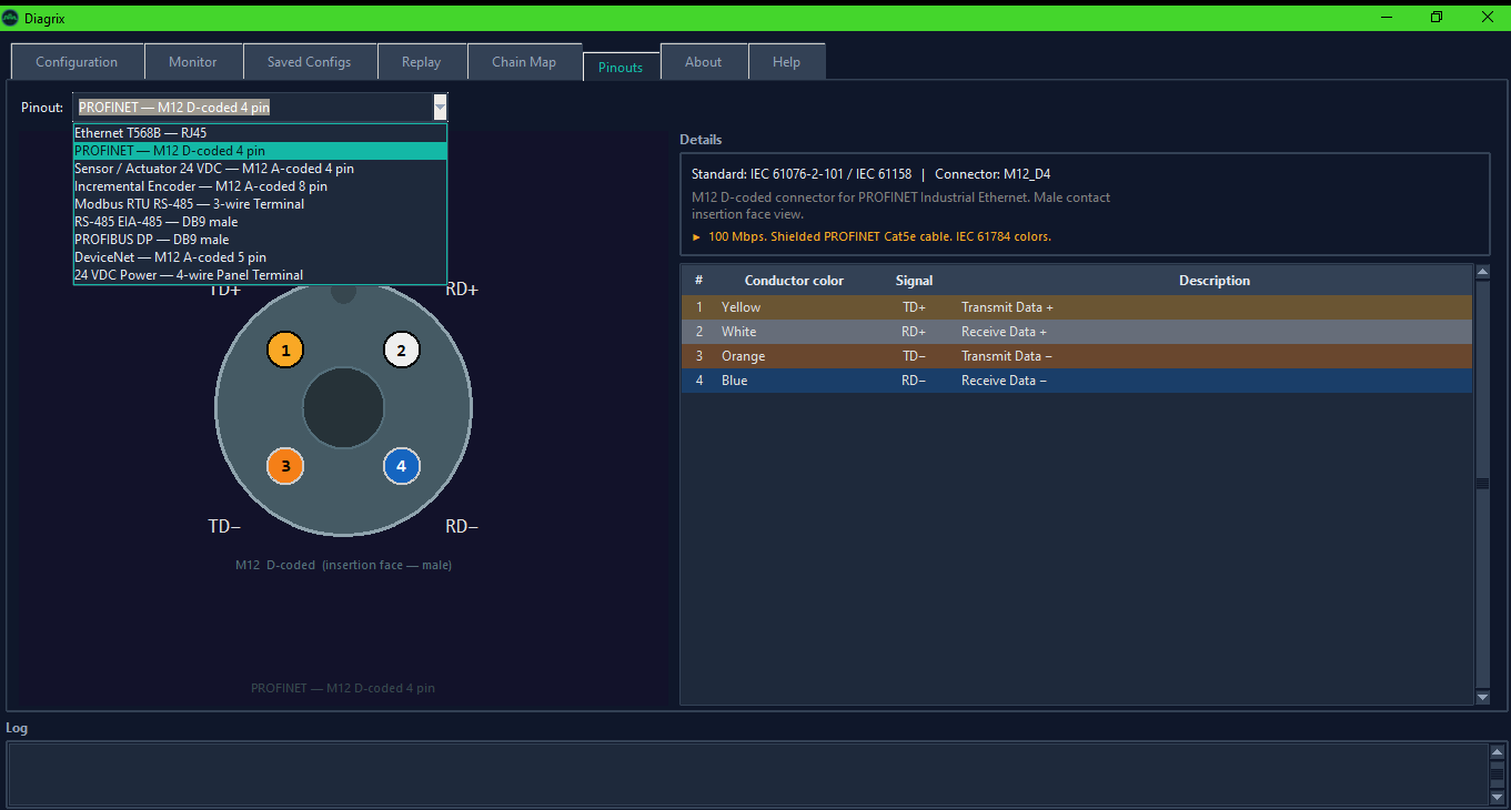 Diagrix Pinouts tab — connector pinout reference